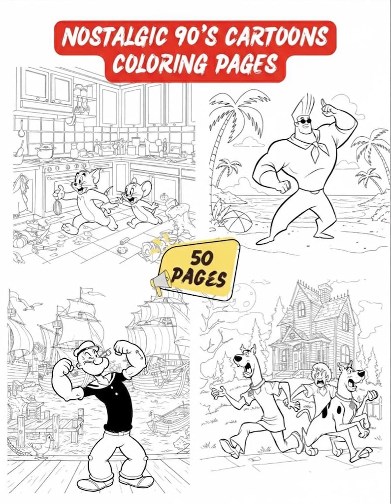 Retro Cartoon Coloring Pages Printable PDF - 50 Nostalgic 90s Style Illustrations | Kids Teens Adults Coloring Book Instant Download image 6