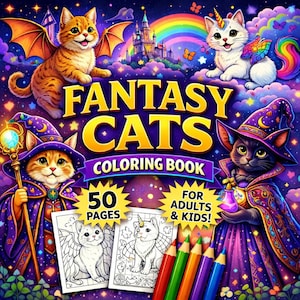 猫の塗り絵ページ（印刷可能なPDF）— 魔法のようなファンタジーデザイン50種類 | 猫好きへのギフト　即時ダウンロード