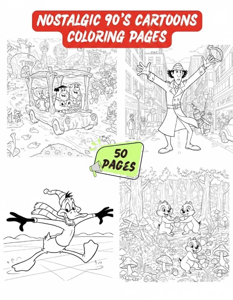 Retro Cartoon Coloring Pages Printable PDF - 50 Nostalgic 90s Style Illustrations | Kids Teens Adults Coloring Book Instant Download image 5