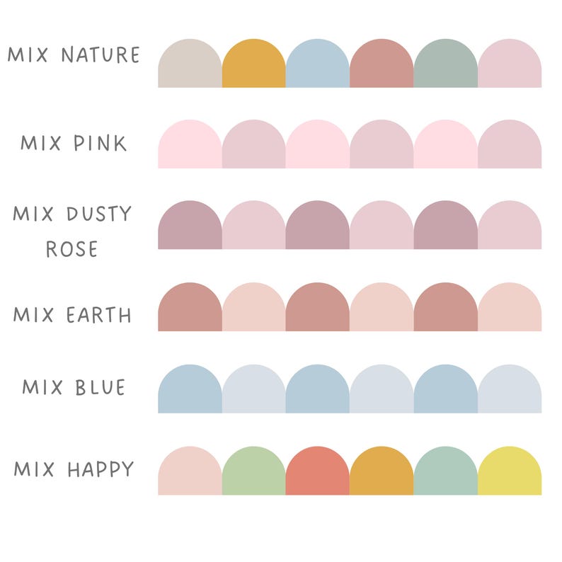 May include: A white background displays six rows of colour palettes labelled "Mix Nature," "Mix Pink," "Mix Dusty Rose," "Mix Earth," "Mix Blue," and "Mix Happy." Each palette has five semi-circular colour swatches in various shades.