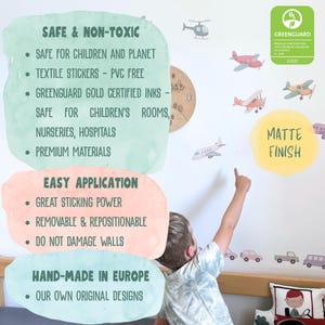May include: A wall decorated with aeroplane, car, and helicopter decals. Text on the image reads "Safe & Non-Toxic", "Easy Application", and "Hand-Made in Europe". The decals have a matte finish, suitable for children's rooms.