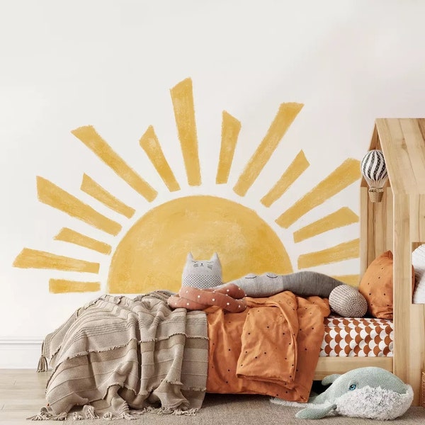 Adesivo da parete Boho Sun per bambini • Adesivo da parete grande per la cameretta del sole nascente • Decorazione della camera da letto per ragazze e ragazzi