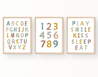 Alphabet Kinder Wandkunst, pädagogische Wandkunst, Kinderzimmer Set von 3 Drucken, Boho Kinderzimmer Dekor, Kinderzimmer Printables