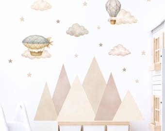 Boho Mountain Wall Stickers • Baby Nursery Decor • Hot Air Balloon & Cloud Wall Decals for Kids Room