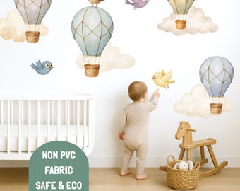 Hot Air Balloon & Birds Wall Decals • Fabric Nursery Wall Stickers • Eco-Friendly Removable Baby Room Decor • Cloud Wall Art for Kids