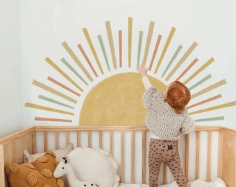 Sticker mural soleil bohème pour enfants • Sticker mural grand soleil levant pour chambre de bébé • Décoration de chambre pour filles et garçons