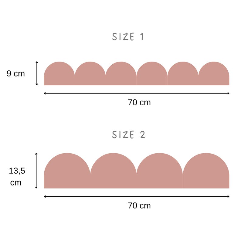 May include: Two decorative wall border designs in a soft pink hue. Size 1 is 9 cm high and 70 cm wide. Size 2 is 13.5 cm high and 70 cm wide. The borders have a scalloped edge design. The text "SIZE 1" and "SIZE 2" are above each design.