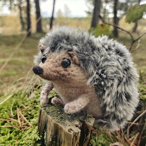 May include: A crocheted hedgehog plush toy with a grey and white fur-like texture. The toy is sitting on a wooden stump in a woodland setting.