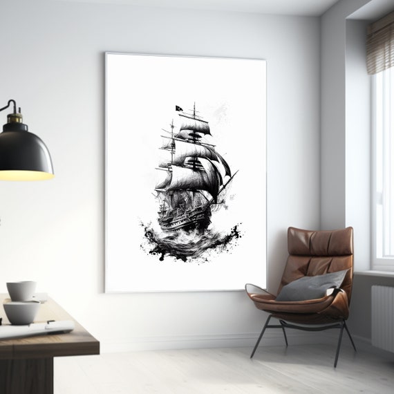 Pirate Ship Line Art Print, Black Pearl Line Drawing Wall Art, Living Room  Wall Art, Technical Drawing, Pirate Decor, Pirate Vibes 