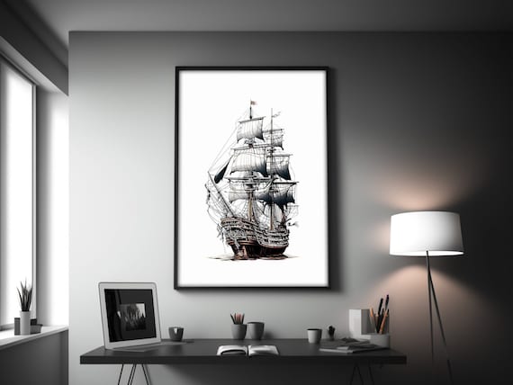 Buy Pirate Ship Line Art Print, Black Pearl Line Drawing Wall Art