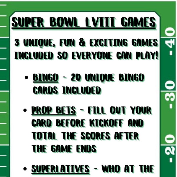 Super Bowl 2024 Downloadable Game Pack - Bingo, Prop Bets, Superlatives