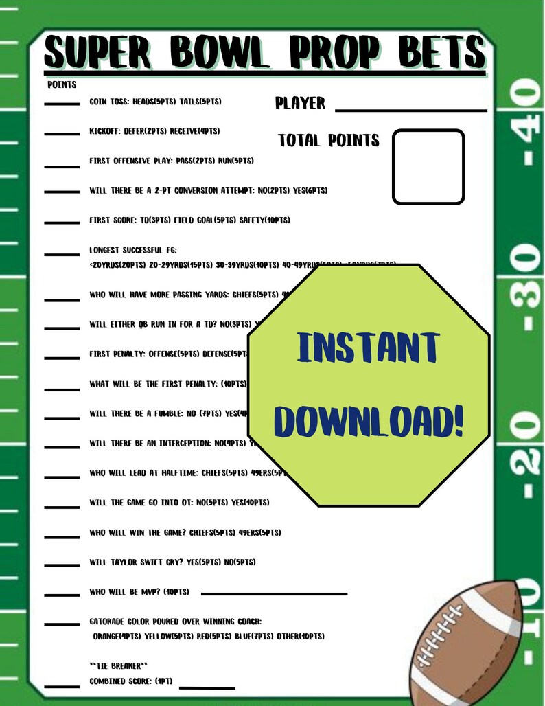 Super Bowl 2024 Downloadable Game Pack Bingo, Prop Bets, Superlatives