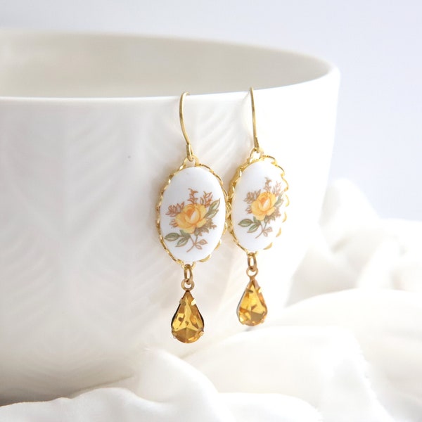 Boucles d'oreilles Rose jaune, Boucles d'oreilles vintage Afternoon Tea, Dangles floraux, Gouttes rétro, Boucles d'oreilles ovales Cameo, Boucles d'oreilles Limoge, Boucles d'oreilles en porcelaine