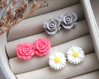 Rose Stud Earrings, Flower Studs, Silver Plated, Resin Earrings, Floral Earrings, Bridesmaid Jewellery, Flower Girl Gift, For Her, Teen Gift