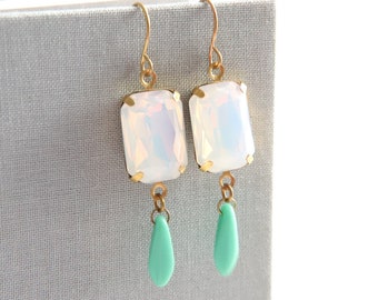 White Opal Earrings, Rhinestone Earrings, White and Turquoise Dangles, Medium Drops, Statement Earrings, Golden Brass, Gift For Her, GF Gift