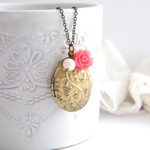 Locket necklace, Antiqued Bronze, Pink Flower, Real Pearl, Charm Locket, Photo Locket,Vine Locket,Gift For Her,Flower Girl Gift,Girls Locket