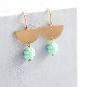 Modern Floral Earrings, Aqua Golden Brass, Boho Flower Earrings, bright Earrings, Short Drops, Teen Jewellery Gift For Her, Summer Earrings