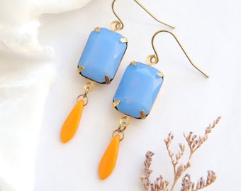 Blue Opal Earrings, Rhinestone Earrings, Blue and Orange Dangles, Gold Medium Drops, Statement Earrings, Golden Brass, Gift For Her, GF Gift