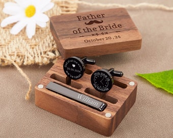 Personalized Cufflinks in Walnut Box,Tie Clip & Rectangle Gift Box,Wedding Cufflinks for Groom,Dad Gifts, Birthday Gifts,Gifts for Him