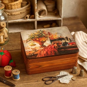 Handgefertigte Nähbox aus Holz, Vintage Aufbewahrungsbox für Nähzubehör, Nadel- und Garnbox, Geschenk für Näherin
