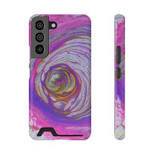 iPhone Samsung-telefoonhoesje met kaarthouder, ontwerp met vloeibare acrylverf, warmroze paars wit, ideeën voor cadeaus voor de feestdagen