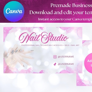 Nail Tech Business Card Template: Pink Watercolor Design (DIY Canva, Digital Download