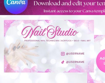 Modèle de carte de visite Nail Tech : aquarelle rose (toile bricolage, téléchargement numérique
