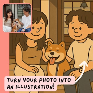 Retrato personalizado no estilo Snoopy – Ilustração de desenho animado de amendoim a partir de foto | Arte personalizada para família, casal ou animal de estimação | Presente para download digital