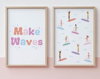 A4 DIGITAL Wall art - Set of 2 Prints - Girls Wall Art for Bedroom, Playroom - Surfer Girls