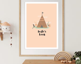 A3 DIGITAL CUSTOMISABLE Canva Wall Art - Teepee Art Print (colour NUDE) - Children’s Prints - Children’s Wall Art - Nursery Wall Art