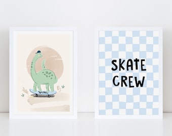 A4 DIGITAL Wall art - Set of 2 Prints - Kids Skating Dinosaur and Checkerboard Art Print