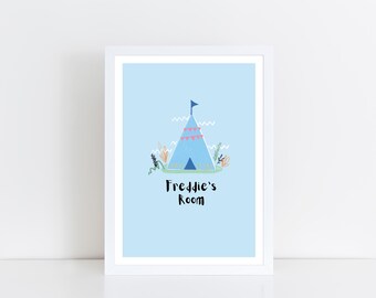 A3 DIGITAL CUSTOMISABLE Canva Wall Art - Teepee Art Print (colour BLUE) - Children’s Prints - Children’s Wall Art - Nursery Wall Art