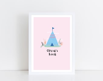 A3 DIGITAL CUSTOMISABLE Canva Wall Art - Teepee Art Print (colour PINK) - Children’s Prints - Children’s Wall Art - Nursery Wall Art