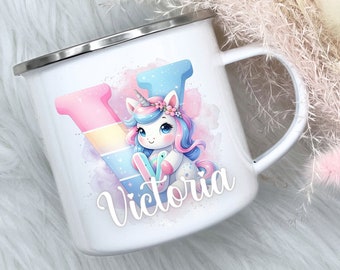 Kinder Tasse mit Name , Tasse Personalisiert , Emaille Tasse , Tasse Einhorn , Kindertasse , Geschenk Einschulung ,Kindergarten Tasse