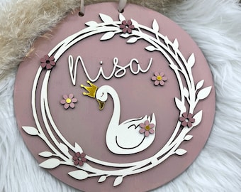 Door sign children's room wood / door sign name / swan / gift birth / name plate / door sign personalized / door sign baby / flowers