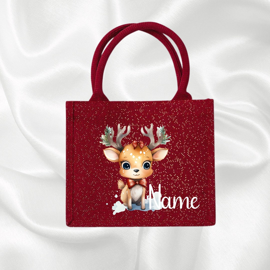 Personalisierte Nikolaus Tasche Aus Jute | Mit Namen Bedruckt | Rote Henkel | Ca. 26x22x14 Cm | Ideal Für Geschenke & Süßigkeiten