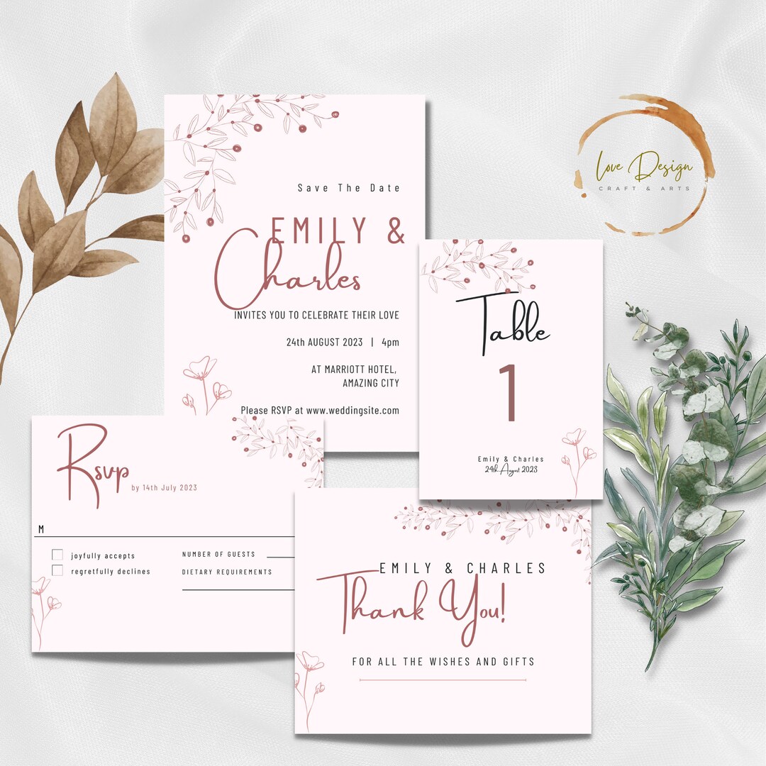Wedding Invitation Set Modern Floral Outline Reception Invites, Table ...