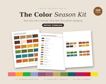 Seasonal Color Analysis Kit, Printable Color Palette Wallet Cards, Personal Color Test Frames, 12 Season Palettes, Instant Download