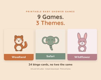 Baby Shower Games Printable Bundle, Baby Shower Bingo 24 Unique Cards, 9 Different Games, Woodland Safari Wildflower, A4 + US Letter PDF
