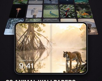 iPhone Duo Wallpaper Pack, 20 Animal Wallpapers, Galaxy Z Fold8 Foldable Phone Background, Wildlife Tiger Wolf Nature Lock Screen