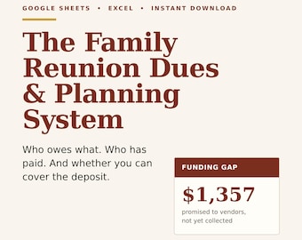 Family Reunion Planner Spreadsheet | Dues Tracker, Cost Split Per Household, Shirt Order Roll Up, Budget, Google Sheets Excel