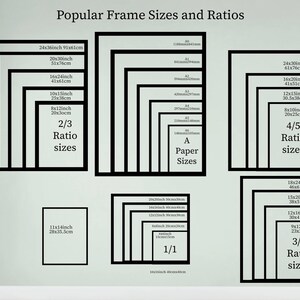 May include: A chart showing popular frame sizes and ratios for artwork. The chart includes measurements in inches and centimeters. The chart is divided into three sections: 2/3 Ratio, 4/5 Ratio, and 3/4 Ratio. Each section shows a series of nested rectangles representing different frame sizes.