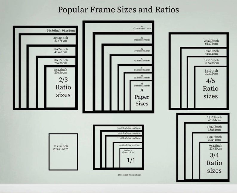 May include: A chart showing popular frame sizes and ratios for artwork. The chart includes measurements in inches and centimeters. The chart is divided into three sections: 2/3 Ratio, 4/5 Ratio, and 3/4 Ratio. Each section shows a series of nested rectangles representing different frame sizes.