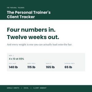 Op de afbeelding: Een digitale cliënt-tracker voor personal trainers met donkergroene koppen op een witte achtergrond. De tekst luidt: For Personal Trainers, The Personal Trainer's Client Tracker, Four numbers in. Twelve weeks out. Week 1 toont gewichten in lb.