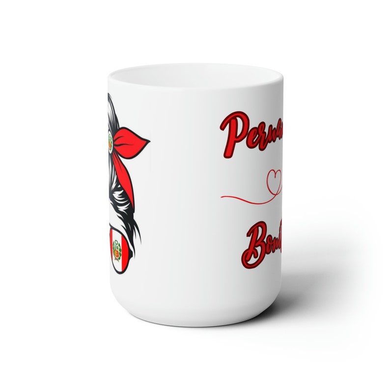 May include: White ceramic mug with a red and white illustration of a woman with a red bandana and a Peruvian flag on her sunglasses. The text "Peruvian Bombshell" is written in red on the mug.