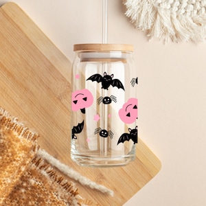 Halloween clear glass tin, bat lover, Halloween art, Halloween sticker glass, pumpkin, 16 oz.