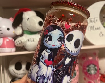 Jack und Sally Schneekugel-Glasdose, Jack-Skelett, Jack und Sally für immer lieben, Valentinstag-Glasdose, Gothic-Glasdose