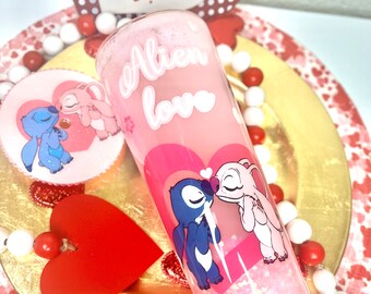 Snowglobe alien love Stich , angel and Stich cup , Starbucks snowglobe Stich , change color snowglobe