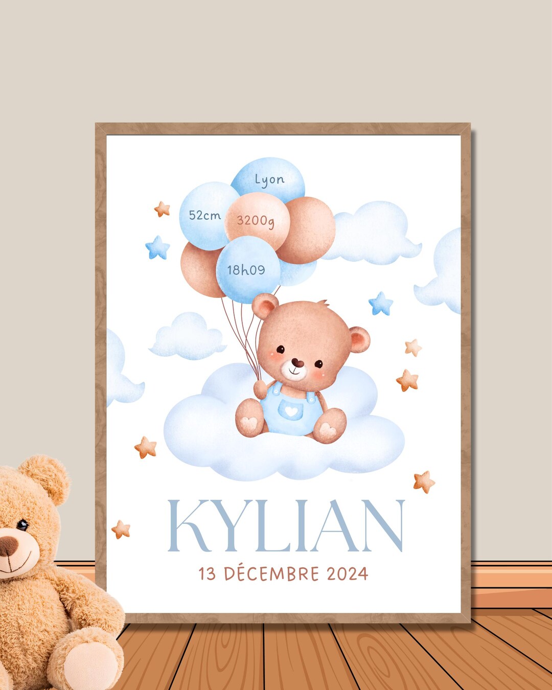 Personalized Birth Announcement Poster "teddy Bear & Hot Air Balloon ...
