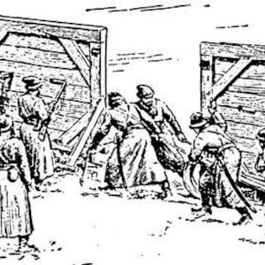 May include: A group of soldiers in uniform are pushing a large wooden gate open. The gate is made of thick planks and has a simple design. The soldiers are wearing long coats and hats. They are working together to open the gate.